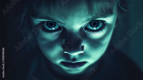 A haunted, possessed demonic child with a sinister gaze and wide-open eyes that resemble those of a demon, a child possessed by a satanic demon.