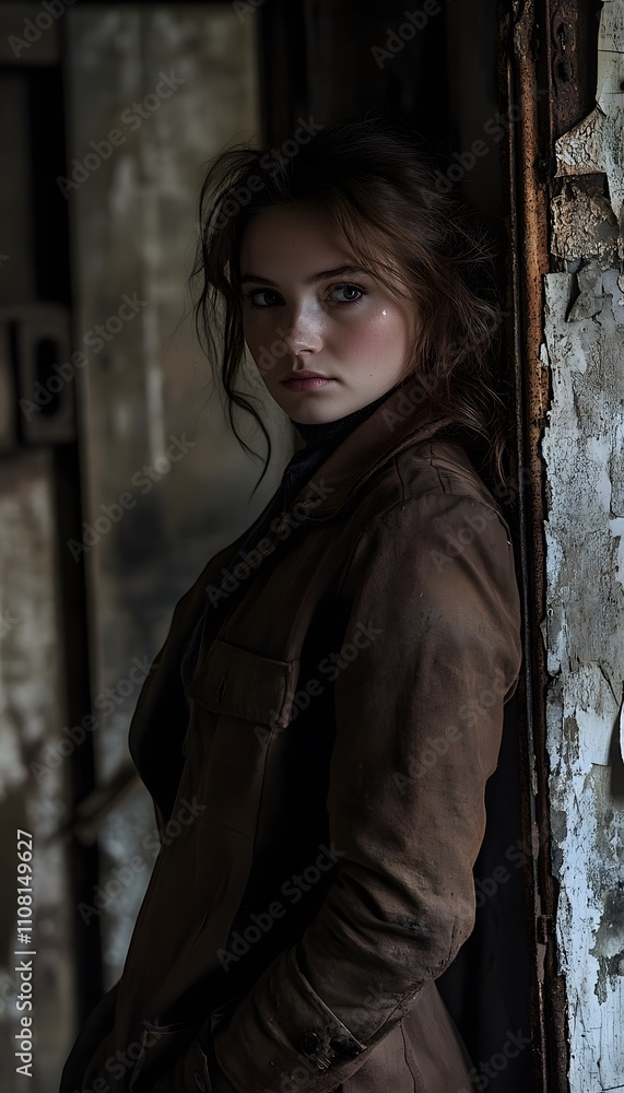 Obraz premium A woman in a brown jacket standing next to an old room