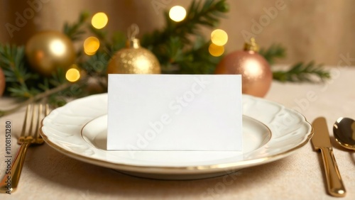 Blank place card mockup on plate, table setting for Christmas dinner in beige tones. Christmas in the restaurant, New Year. Winter holiday party, event. Reservation service. Copy Space, design