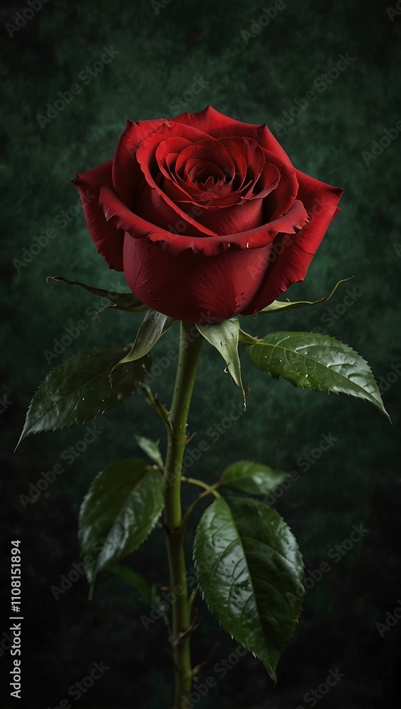 Fototapeta premium Red rose against a dark green background.