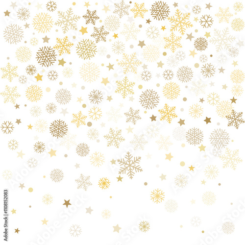 Christmas snowflakes background. Winter gold snow falling decoration, greeting card. Noel subtle Vector illustration