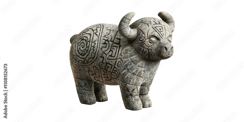 Fototapeta premium Stone Ram Figurine With Carved Patterns Isolated on Transparent Background