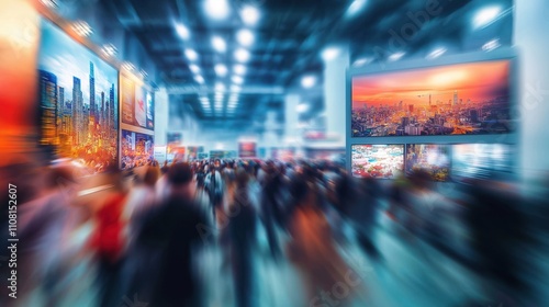 Wallpaper Mural Busy trade show expo. Large crowd explores product displays. International business convention event. Many people view exhibits in convention center. Showcase of services, goods. Blurred motion Torontodigital.ca