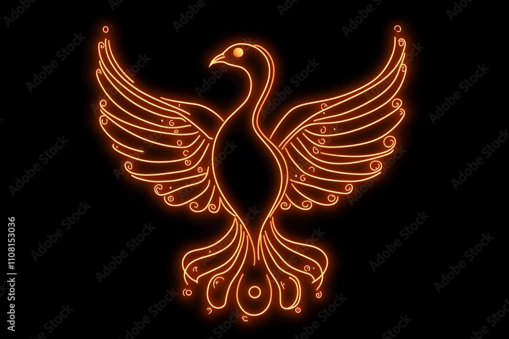 Obraz premium A striking neon orange phoenix bird silhouette glowing against a pitch-black background.
