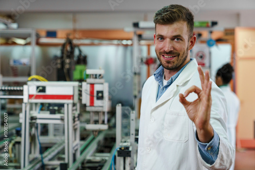 Confident Male Scientist Giving Approval in Lab Setting photo