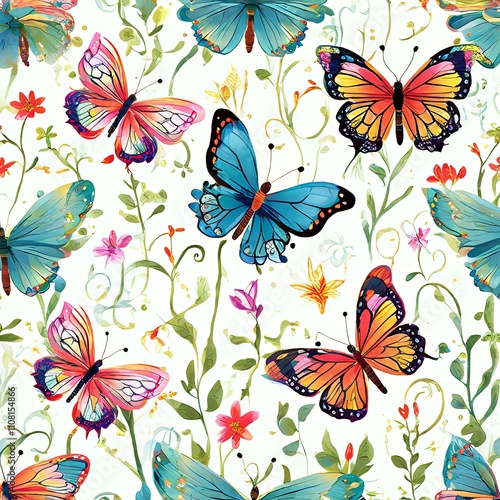 Artistic display of butterflies surrounded by bright blooms, intricate green vines, showcasing harmonious blend of colors, for uplifting artwork, decorations, greeting card, print, digital design.