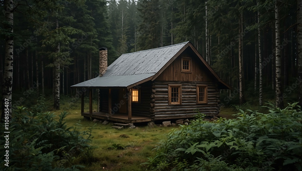Remote cabin surrounded by dense forest. Remote cabin surrounded by dense forest.