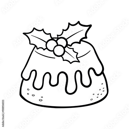 Coloring page of Christmas cake with holly berries. Outline hand drawn vector illustration on white background.