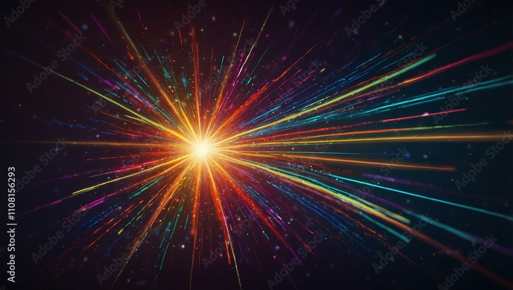 Obraz premium Retro neon flight with starburst digital art and colorful radial lines.