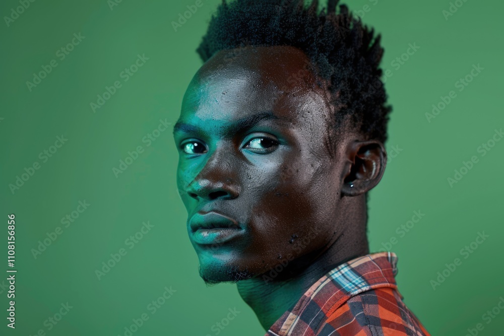 Obraz premium Studio shot of young African man on green background.