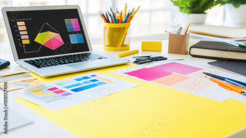 Creative workspace with design tools and color swatches for branding projects photo