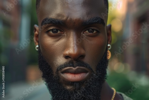 Confident young black man with stylish beard in urban setting photo