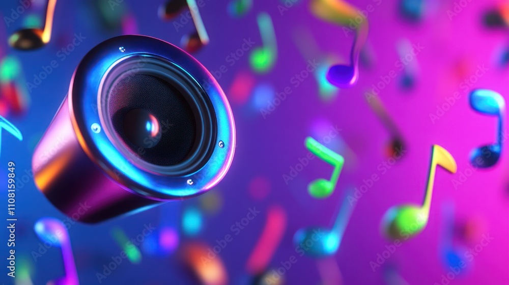 A single speaker floats against a vibrant background of colorful musical notes. A single speaker floats against a vibrant background of colorful musical notes.