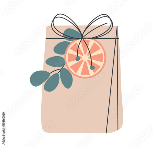Christmas holiday present in modern eco-friendly packaging. Gift in kraft paper bag with branch, orange and twine. DIY gift tied with bow or rope. Flat vector illustration on white isolated background