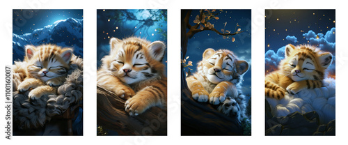 Adorable Baby Tiger in Enchanted Night Scene for Kids' Room Posters on Transparent Background