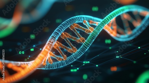 Biometric healthcare real-time concept. A vibrant digital representation of a DNA double helix, showcasing intricate structures and glowing elements in blue and orange hues.