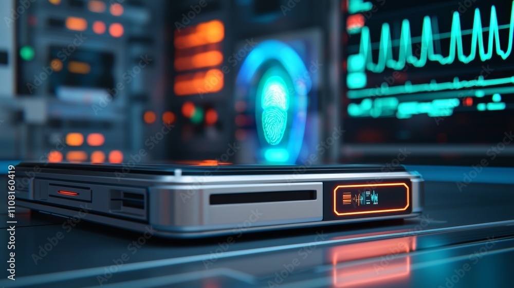 Obraz premium Biometric healthcare real-time concept. A sleek, modern device displaying vibrant displays and indicators, set against a backdrop of advanced technology and data visualization.