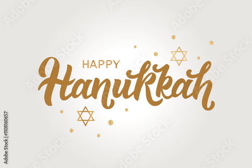 Happy Hanukkah hand writing text. Modern brush ink calligraphy, hand lettering typography and David's stars. Vector illustration for Jewish holiday as greeting card, poster, banner