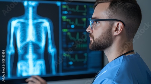 Biometric healthcare real-time concept. A medical professional examines a digital X-ray display, focusing on the human skeletal structure and vital signs. photo