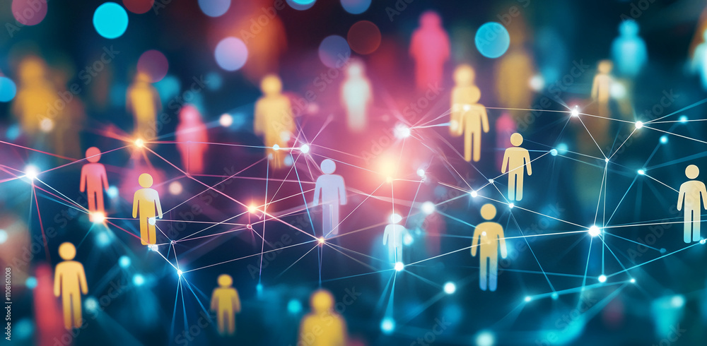 Obraz premium Digital network connecting diverse individuals through technology in a colorful representation of social interactions