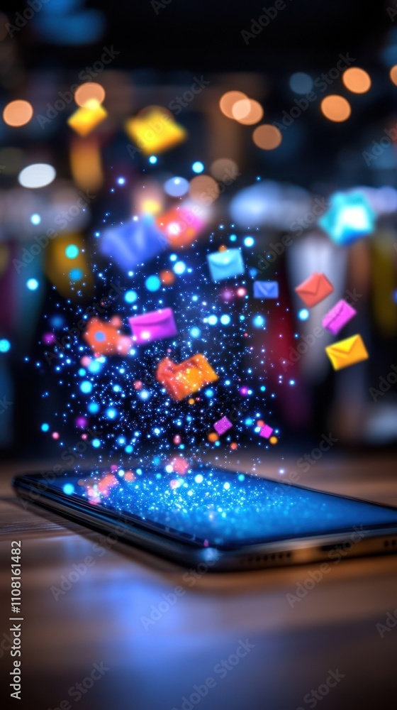Colorful email icons floating from a smartphone on a wooden table with bokeh lights in the background. Colorful email icons floating from a smartphone on a wooden table with bokeh lights in the background.