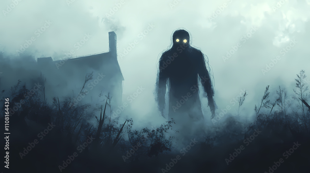 Fototapeta premium A haunting silhouette with glowing eyes emerges from the mist, evoking feelings of mystery and the supernatural. mystique. illustration. haunting. illustration. Haunting. Illustration