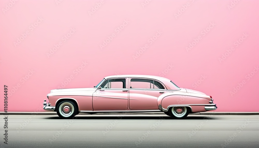 Obraz premium Pink retro car on a pink wall background. Illustration by Generative AI.