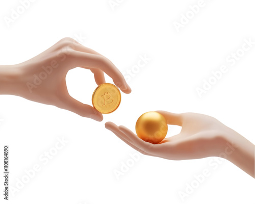 3D Illustration of a Hand Giving a Gold Coin to Another Hand, Transparent PNG