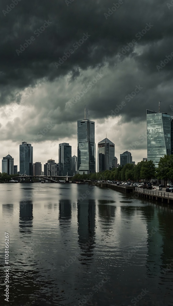 Fototapeta premium Rotterdam panorama, summer city in rainy weather.