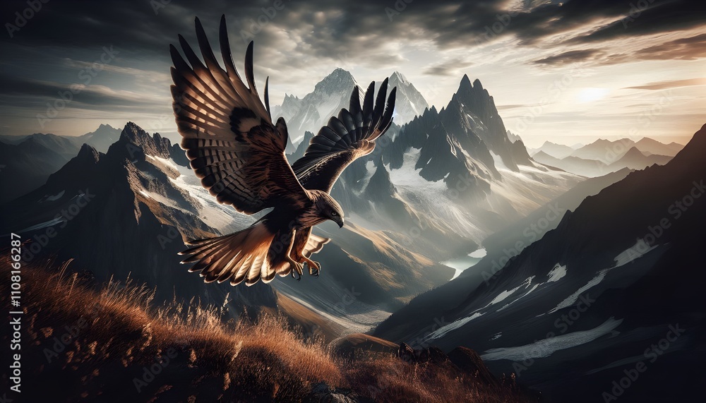 Obraz premium Bird of Prey in Flight Above Mountains
