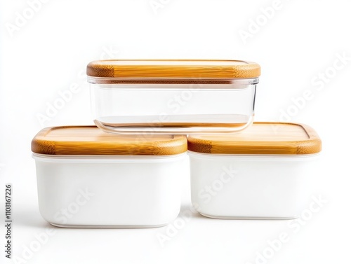 Eco-friendly glass food storage containers with bamboo lids, promoting plastic-free living. photo