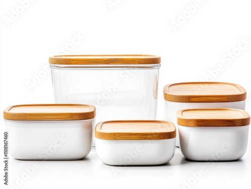 Eco-friendly glass food storage containers with bamboo lids, promoting plastic-free living. photo