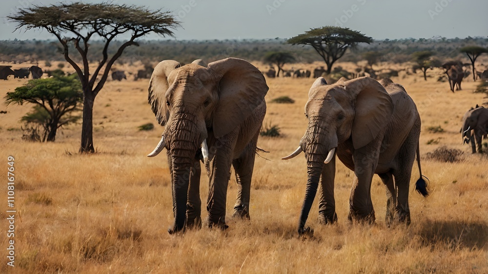 Fototapeta premium Elephant Herd Grazing in Savannah