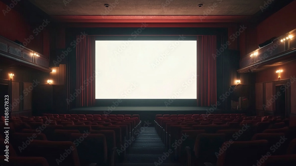 Cinema with white blank screen for mockup. HD realistic. Cinema with white blank screen for mockup. HD realistic.