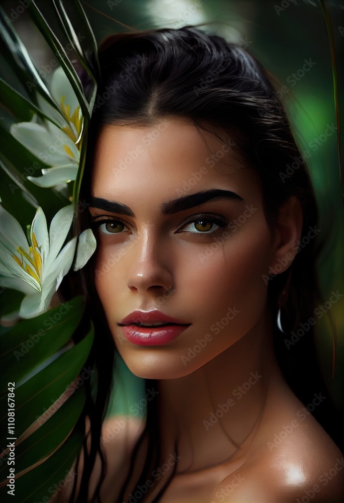 Portrait of young female with palm leaf. Natural beauty. Beautiful woman with nude makeup. Portrait of young female with palm leaf. Natural beauty. Beautiful woman with nude makeup.