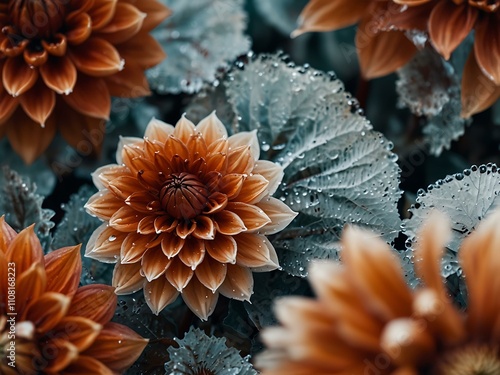 Rust dahlia flowers set in ice, autumn vibe. photo