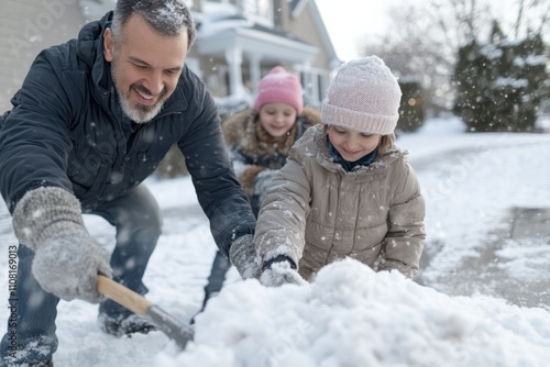 A joyful family enjoys shoveling snow together, creating a warm and playful atmosphere amidst the cold winter backdrop of a snowy neighborhood.