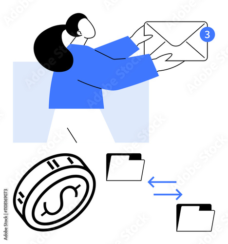 Woman in blue holding envelope with notification, coin with dollar sign, file transfer folders. Ideal for email, money transfer, communication, business, financial services, notifications digital