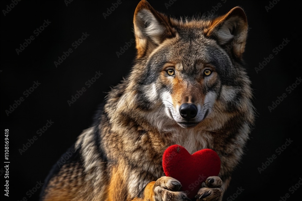 Obraz premium Valentine's Day: Wolf in Love Holding Heart Against Black Background
