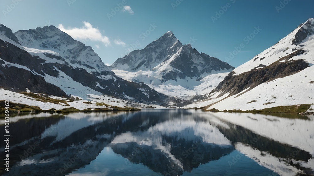 Snowy Mountain Scene with Clear Lake Reflection Snowy Mountain Scene with Clear Lake Reflection