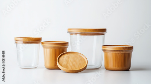 Eco-friendly glass food storage containers with bamboo lids, promoting plastic-free living. photo