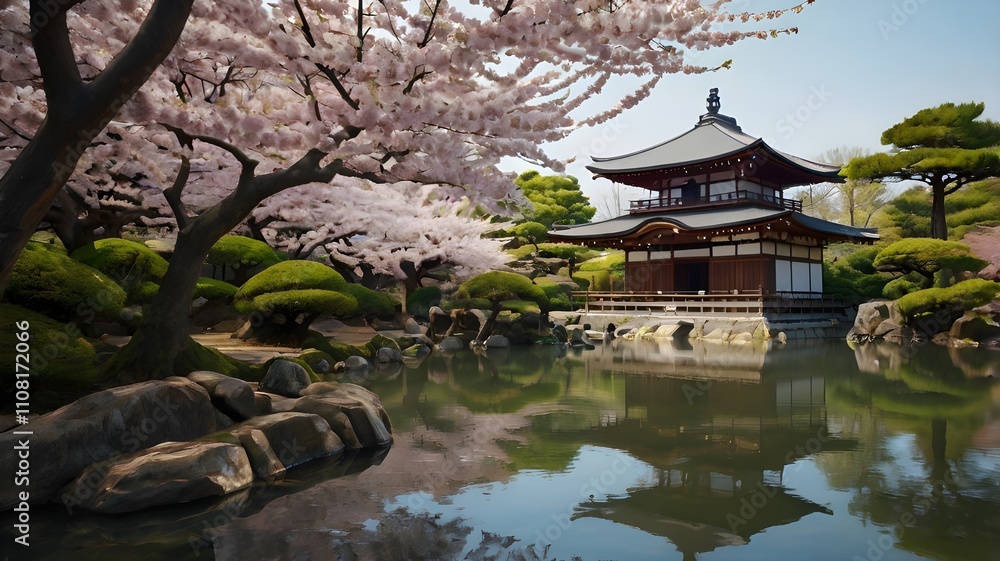 Fototapeta premium : Tranquil Japanese Garden with Cherry Blossoms