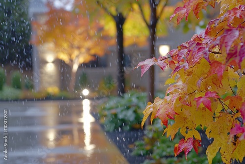 Close-up of vibrant autumn leaves with droplets of rain falling gently, showcasing rich colors like red, orange, and yellow on a soft-focus street lined with trees 4 photo