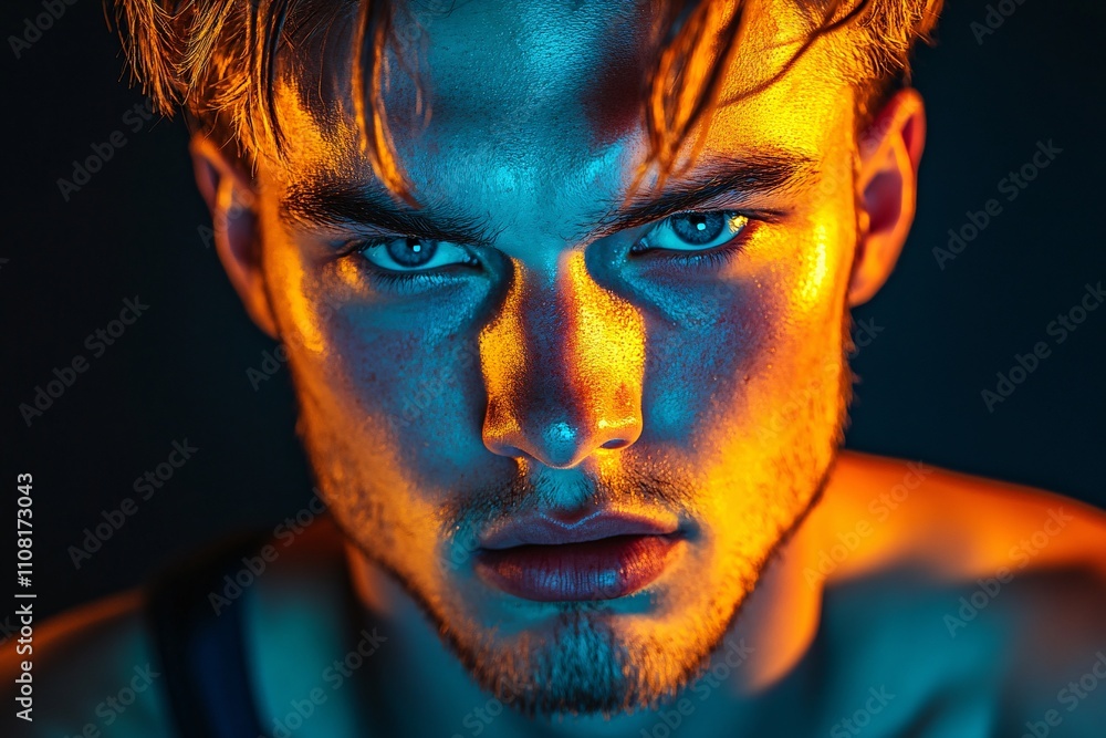 Close-up of a young Caucasian man with intense look, neon yellow and blue lighting, smooth background, flat backdrop, high resolution, dramatic lighting contrasts 3 Close-up of a young Caucasian man with intense look, neon yellow and blue lighting, smooth background, flat backdrop, high resolution, dramatic lighting contrasts 3