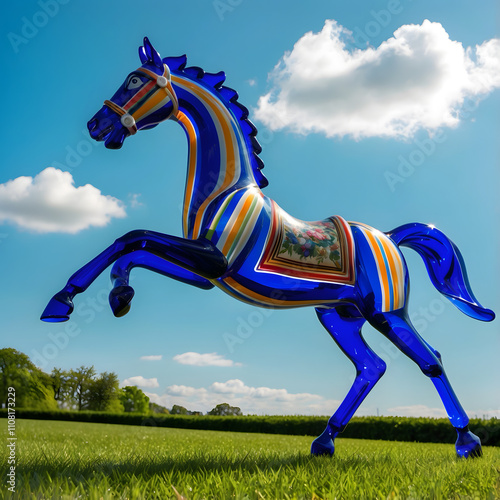 Murano glass horse about to leap on a bright, sunny day. 