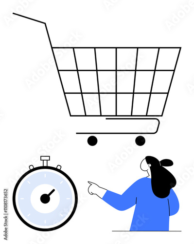 Giant shopping cart stopwatch pointing woman in blue, white background, black outlines. Ideal for e-commerce, time management, online shopping, retail efficiency, customer journey, punctuality