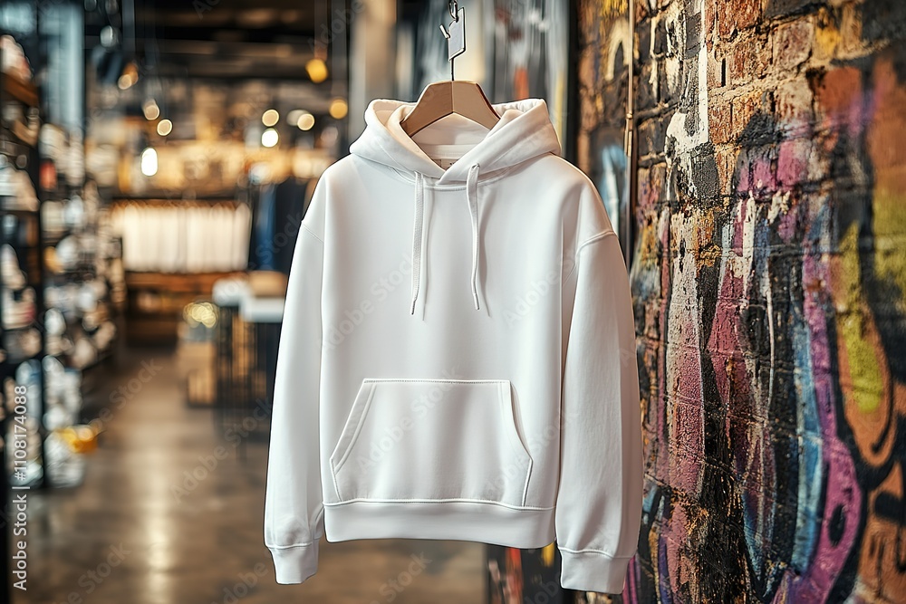 Fototapeta premium A pristine white hoodie hangs against a vibrant graffiti wall in a trendy clothing store.