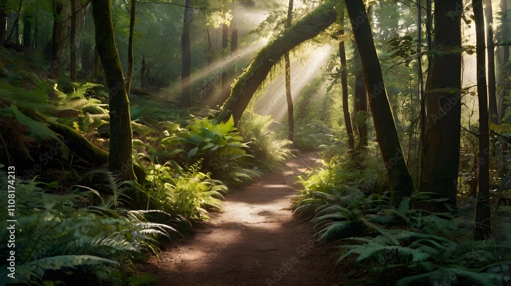 Obraz premium Sunlit Forest Path with Lush Greenery