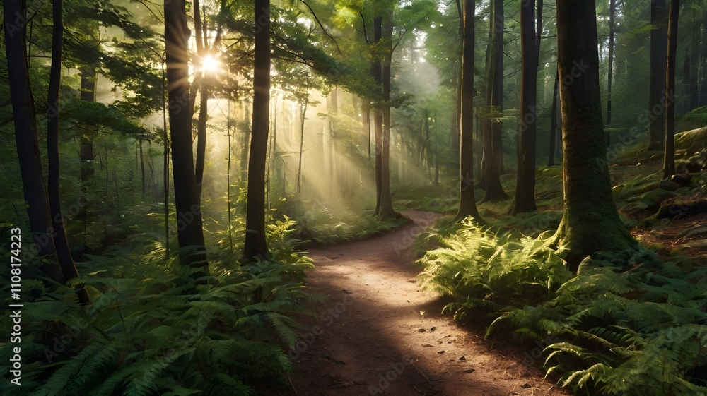 Fototapeta premium Tranquil Forest Path with Sunbeams