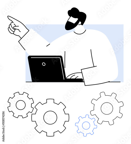 Man pointing and working on a laptop with surrounding gears representing processes or machinery. Ideal for business strategy, teamwork, leadership, engineering, project planning, technical support